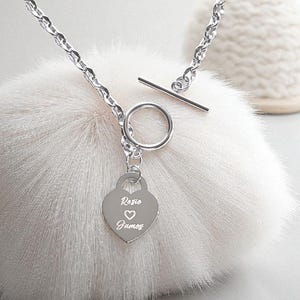 Engraved Heart Toggle Necklace: Stainless Steel Keepsake Gift