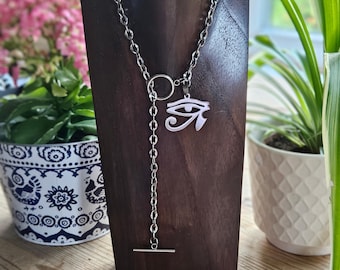 Zilveren Lariat Toggle-ketting, lange Y-ketting lariat, statement lange ketting met T-balk zonder rug, oog van Horus zilveren hanger ketting