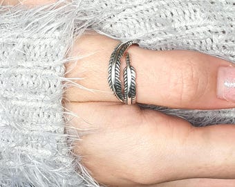 Sterling Silver Feather Thumb Ring: Adjustable Open Wrap Finger Ring