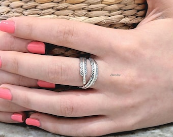 Sterling Silver Feather Thumb Ring: Adjustable Open Wrap Finger Ring