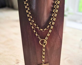 Gold Lariat Toggle Necklace, Long Drop Layered Lariat Y Gold Necklace, Statement Backless T Bar Long Gold Necklace Anniversary Birthday Gift