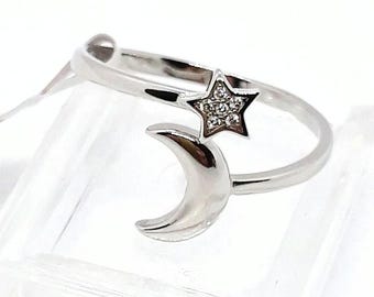 925 Sterling Silver Moon Star Ring: Adjustable CZ Celestial Jewelry, Starburst Open Wrap Ring