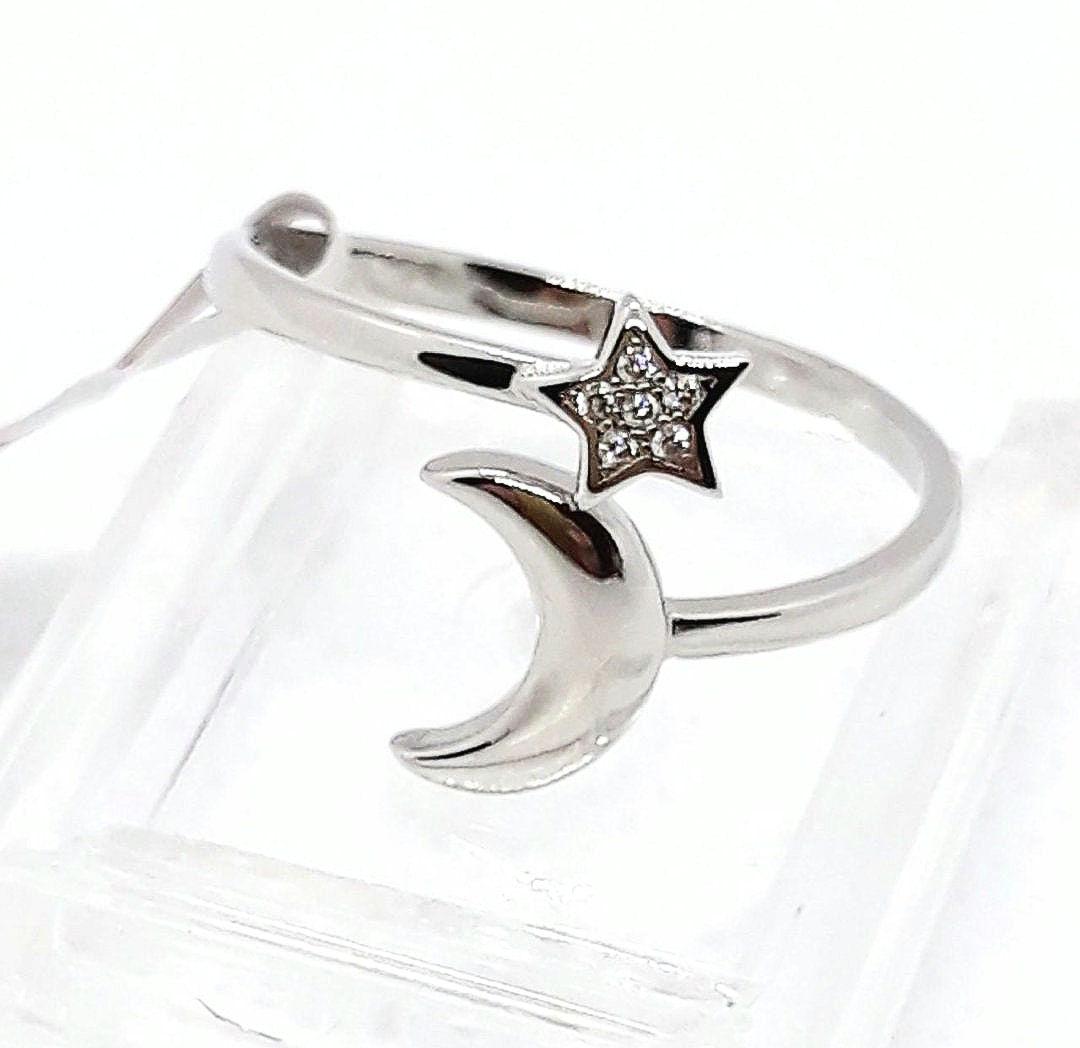 Plata Ley 925 Anillo Ajustable Estrella - Diseño Abierto, Regalo Para Mujeres Y Niñas Regalo Cumpleaños Ajustable