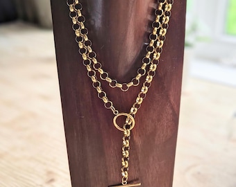 Gold Lariat Toggle Necklace, Long Drop Layered Lariat Y Gold Necklace, Statement Backless T Bar Long Gold Necklace Anniversary Birthday Gift