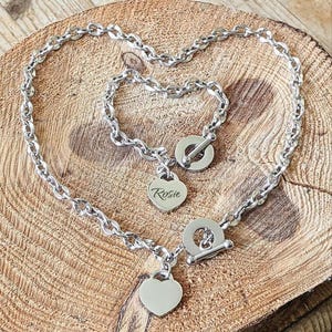 Engraved Silver Heart Toggle Necklace Bracelet Set: Stainless Steel Curb Chain