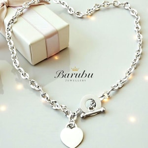 Engraved Silver Heart Toggle Necklace Bracelet Set, Chunky Curb Chain Jewellery