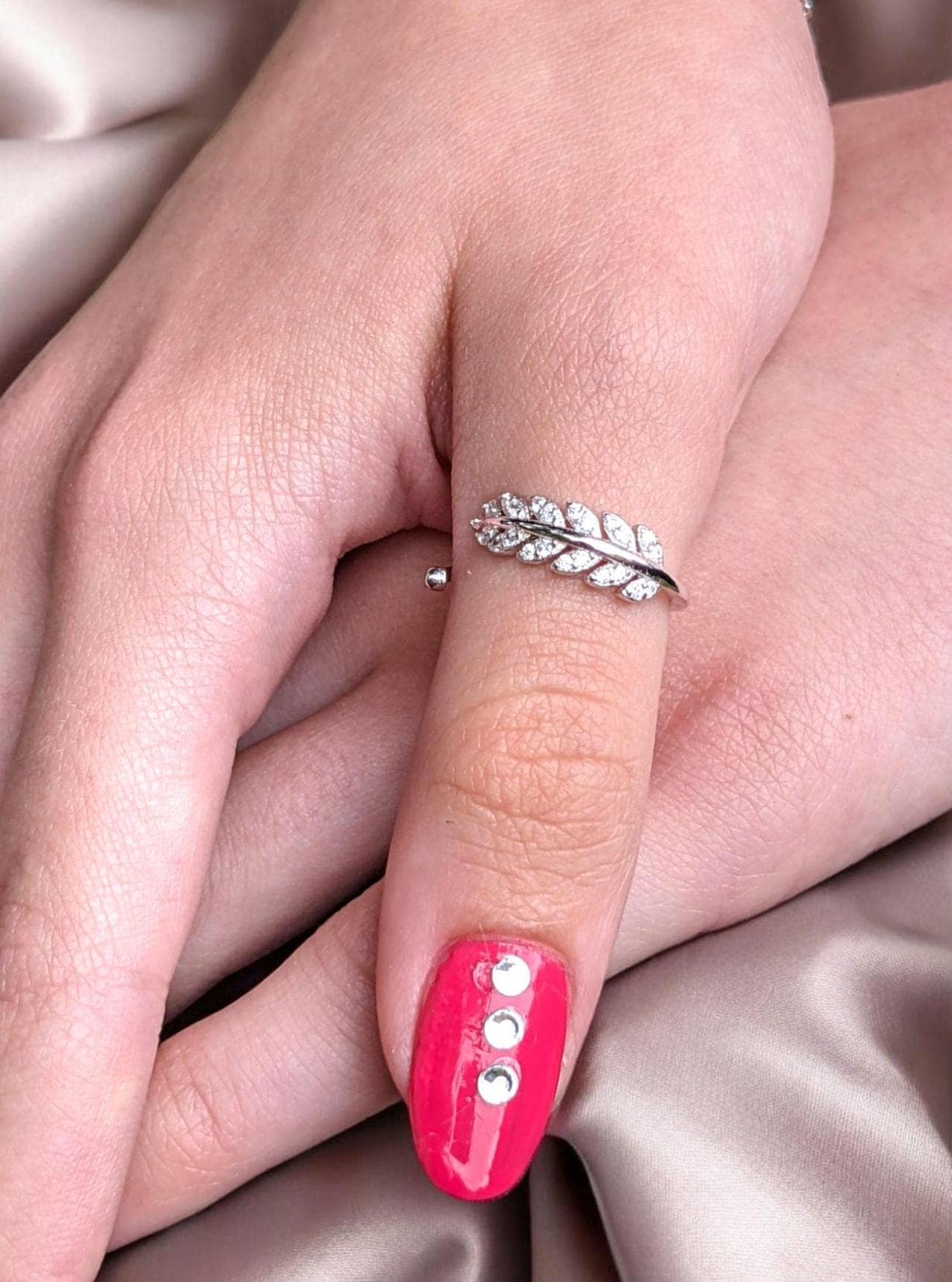 925 Sterling Silver Feather Ring: Adjustable Cubic Zirconia Open Thumb Wrap Ring
