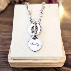 Personalised Stainless Steel Heart Toggle Necklace, Chunky Chain Pendant, Custom Engraving (45cm)
