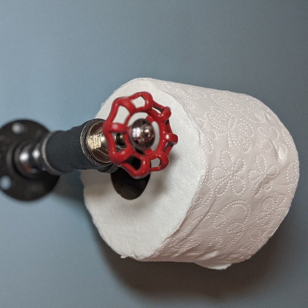 Steampunk iron pipe toilet paper holder / single roll farmhouse TP holder / spigot handle bathroom decor