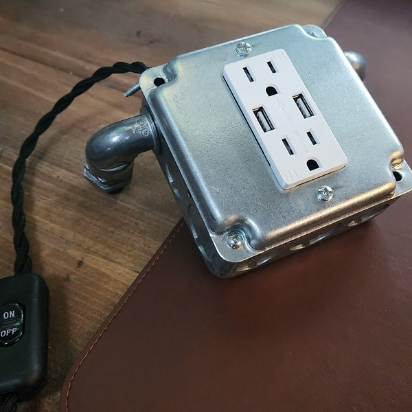 Iphone Cell Phone Rustic Desk Charging Outlet - Metal Conduit Box with USB Ports and Switch - Industrial Style Charging Station