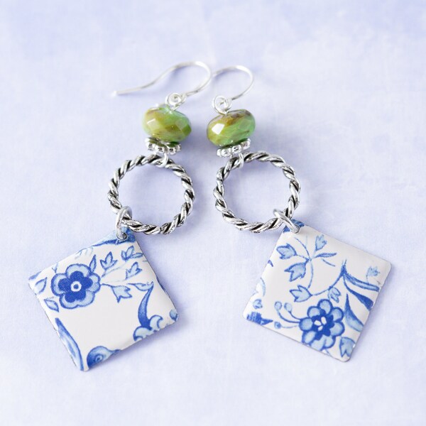 Blue and White Delft Pattern Vintage Tin Tea Tin Earrings with Faceted Green Beads and Silver Plated Ear Wires