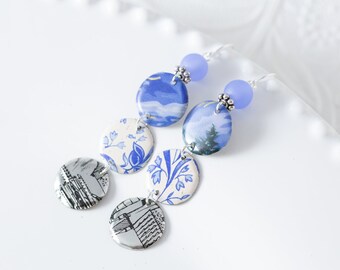 Long Blue & Silver Mismatched Tin Earrings