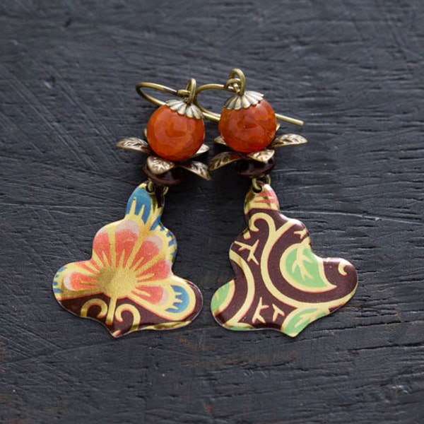Metallic Flower Earrings with Decorative Vintage Tin and Antique Brass Flower Bead Caps, Mismatched Earrings, Tin Jewelry