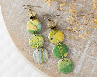 Long Drop Earrings, Mismatched Earrings, Boho Earrings, Yellow and Green Earrings