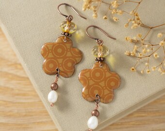 Mustard Yellow Floral Pearl Dangle Earrings, Spring Jewelry, Made from Recycled Tin