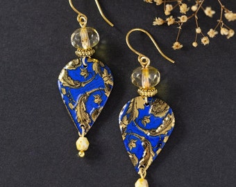 Blue Gold Bohemian Dangle Drop Earrings, Handmade Gift for Her