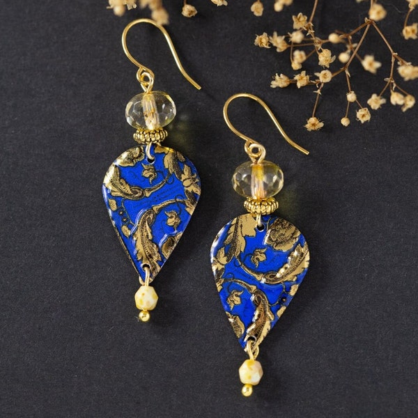 Blue Gold Bohemian Dangle Drop Earrings, Handmade Gift for Her