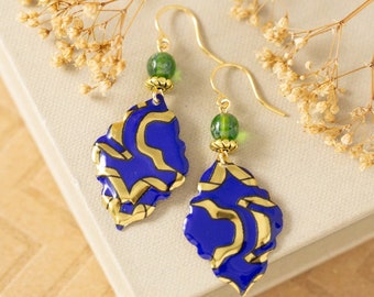 Blue and Gold Boho Tin Dangle Earrings