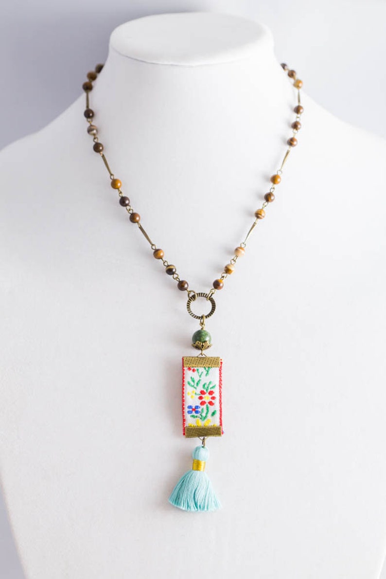 Tassel Necklace Fiber Jewelry Vintage Embroidered Ribbon Charm Necklace with Earthy Rosary Chain with Stone Beads and Baby Blue Tassel