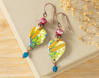Colorful Botanical Boho Dangle Drop Earrings, One of a Kind Jewelry