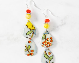 Colorful Floral Drop Earrings, Long Dangle Earrings, Spring Earrings, Fun Jewelry, Made with Vintage Tin
