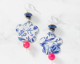 White and Blue Flower Floral Dangle Earrings, Spring Jewelry, Made from Vintage Tins