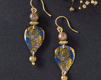 Unique Boho Royal Blue Gold Dangle Earrings, One of Kind