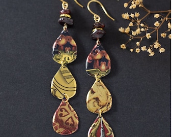 Boho Dangle Earrings, Gold and Red Earrings, Long Dangle Earrings, Teardrop Earrings