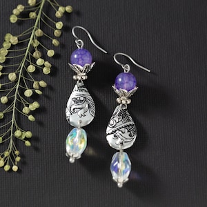 Purple Agate Silver Teardrop Earrings, Unique Boho Tin Jewelry