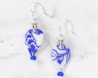 Cobalt Delft Blue and White Flower Dangle Earrings, Summer Style