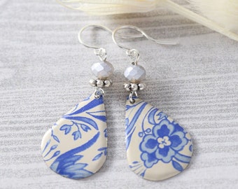Blue and White Flower Tin Teardrop Earrings