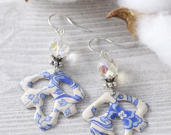 Blue and White Floral Leaf Dangle Earrings