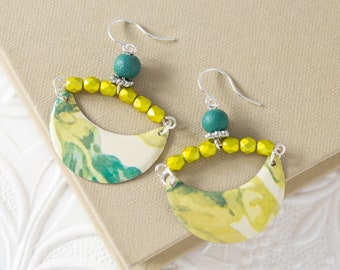 Blue Green Earrings, Watercolor Earrings, Crescent Earrings