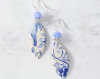 Blue and White Earrings, Flower Dangle Earrings, Floral Earrings, Spring Jewelry