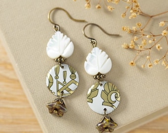 Gold and White Mother of Pearl Leaf and Flower Dangle Earrings Boho Aesthetic