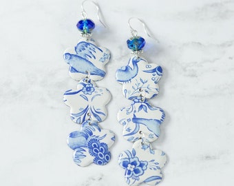 Blue Flower earrings, Flower Dangle Earrings, Long Dangle Earrings