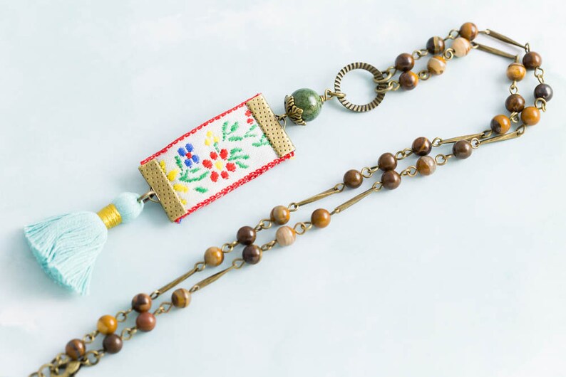 Tassel Necklace Fiber Jewelry Vintage Embroidered Ribbon Charm Necklace with Earthy Rosary Chain with Stone Beads and Baby Blue Tassel