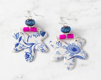 Pink and Blue Earrings, Botanical Earrings, Floral Earrings, Blue Flower Earrings