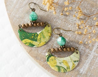 Earthy Yellow & Green Earrings, Crescent Earrings, Ethnic Earrings, Boho Jewelry