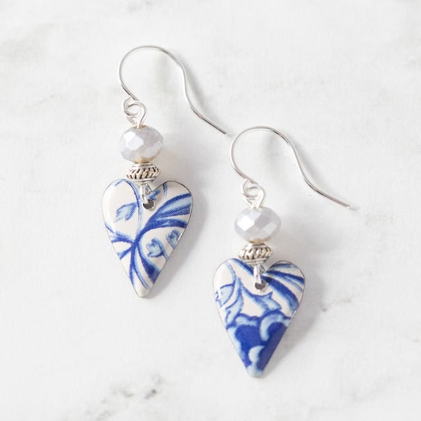 Dainty Heart Earrings, Blue and White Earrings, Mismatched Earrings, Delft Jewelry