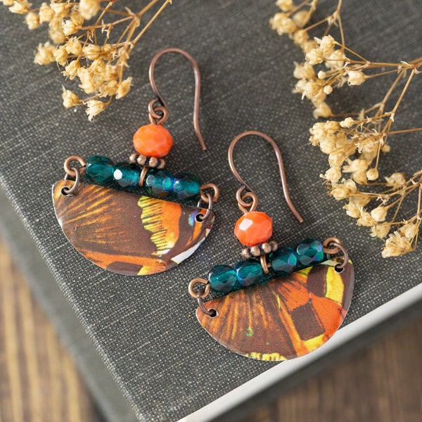 Orange and Blue Earrings, Half Circle Earrings, Half Moon Earrings, Earthy Jewelry