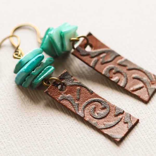 Boho Leather Earrings, Brown and Teal Earrings, Embossed Leather Jewelry, Boho Chic Jewelry, Country Jewelry, Cowgirl Jewelry