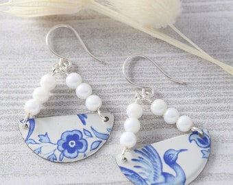 Blue Bird & Flower Earrings