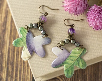 Green and Purple Earrings, Amethyst Earrings, Leaf Earrings, Boho Earrings, Statement Jewelry