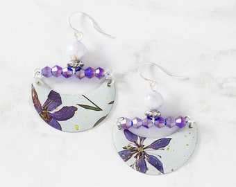 Purple Flower Earrings, Floral Earrings, Crescent Earrings, Spring Jewelry