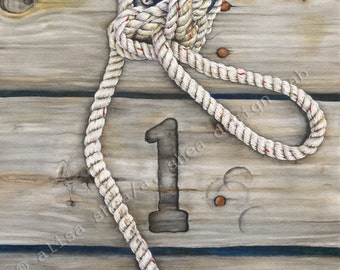 11x14 giclee poster print realistic watercolor painting boat rope sailor's knot (nautical weathered wood dock new england fishing decor)