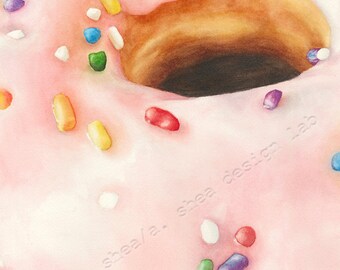 Pink frosting donut watercolor PAINTING rainbow sprinkles (giclee poster print realistic food art doughnut dessert pastel kitchen decor)