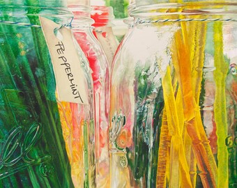 8x10 realistic watercolor painting honey sticks giclee print (bell jars food art honey jar colorful wall art green yellow red tea time)