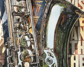 8 inch realistic watercolor PAINTING giclee print Miles Davis tenor saxophone (photorealism fine art music decor jazz lover brass woodwind)