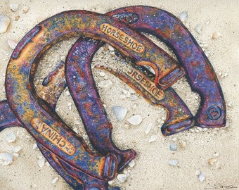 11x14 watercolor PAINTING horseshoes in sand (fine art poster print rusty metal equine horse art good luck lucky horse shoe, purple orange)